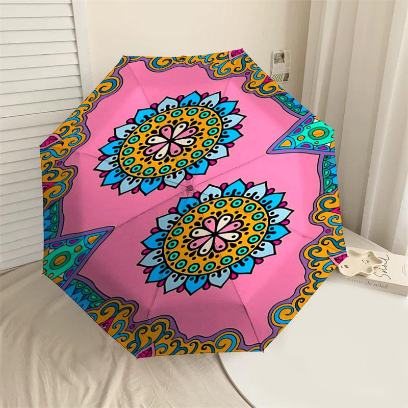 

1pc Mandala Pattern Automatic Open/Close Umbrella Compact Folding Umbrella with 8-Rib Shaft for Women/Men, Portable Travel Umbrella,1222S