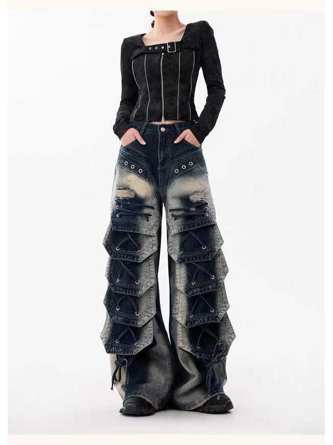 Retro Women's Wide-Leg Multi-Pocket Workwear Jeans