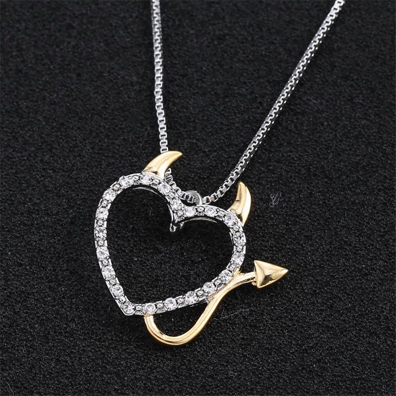 Necklace Hollow-out Love Heart Devil Horns and Tail Double Colors Pendant
