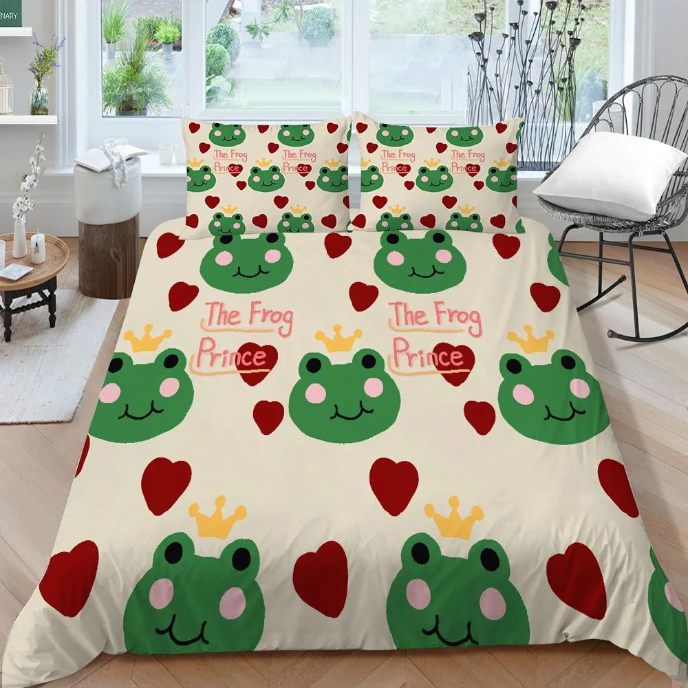 Cartoon Frog Duvet Cover Set King/Queen Size Reptile Animal Theme Bedding Set Cute Green Frog Polyester Comforter Cover for Kids
