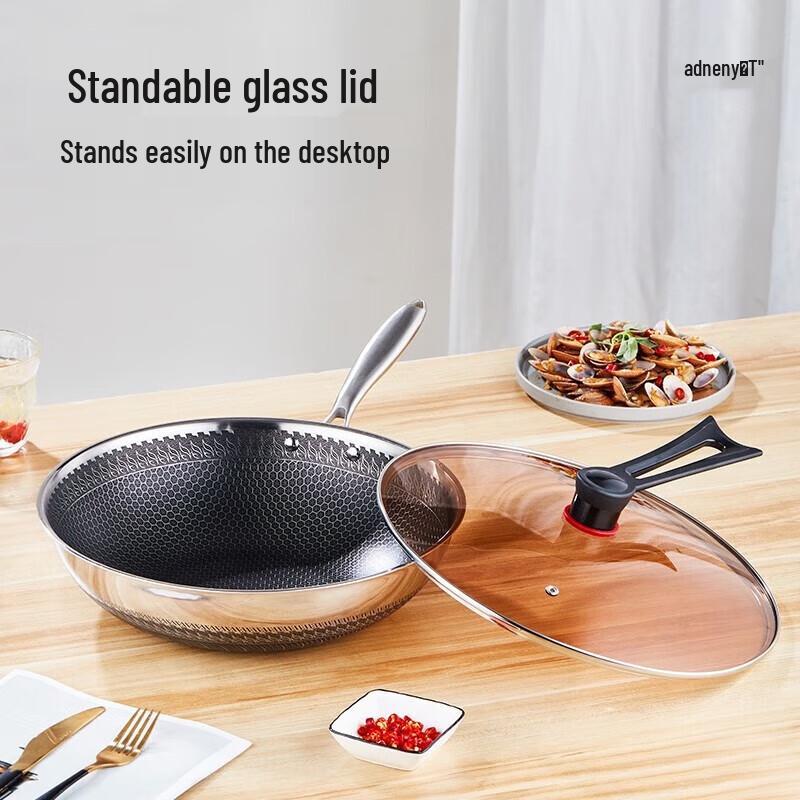 ADNENY 32cm 304 Stainless Steel Honeycomb Wok