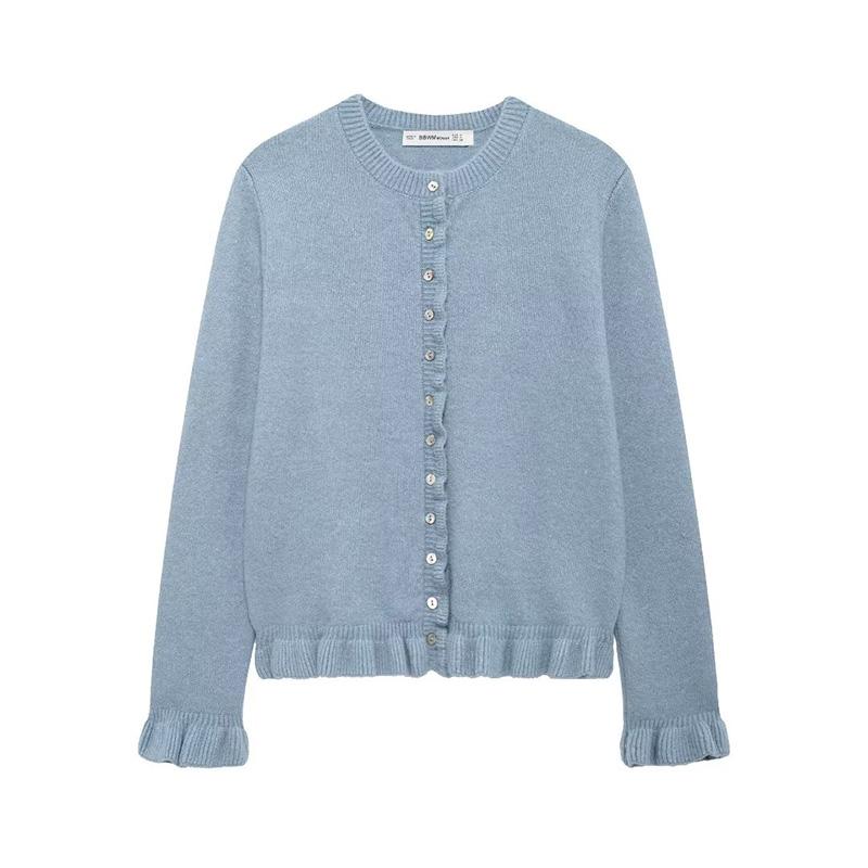 Women Fashion Solid Ruffled Single Breasted Knitted Sweater Vintage O-Neck Long Sleeves Female Chic Lady Tops