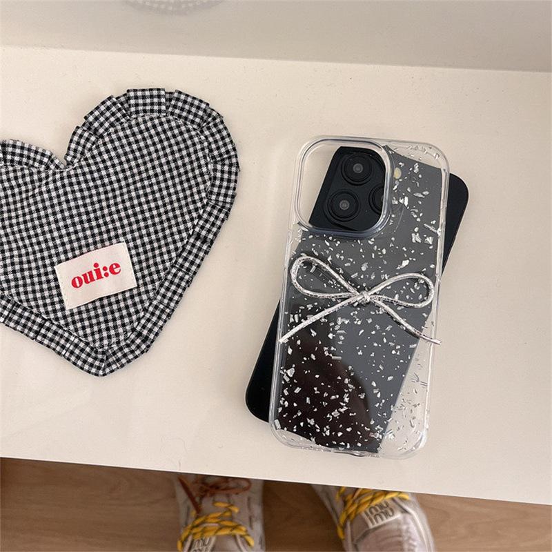 Simple Glue Sequin Bow for Apple 16 Promax Mobile Phone Case for IPhone 17 Transparent 13 Japanese and Korean 14