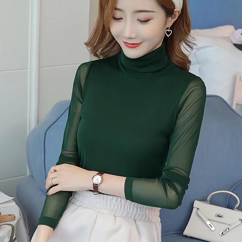 High Neck Mesh Base Shirt Women's Long Sleeved Slim Fit Lace Shirt Top T-shirt Women's Pullover Shirt