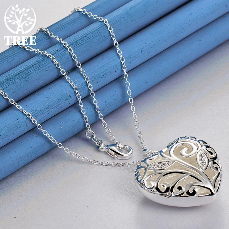 925 Sterling Silver 18 Inch Stereoscopic Heart AAA Zircon Pendant Necklace Jewelry