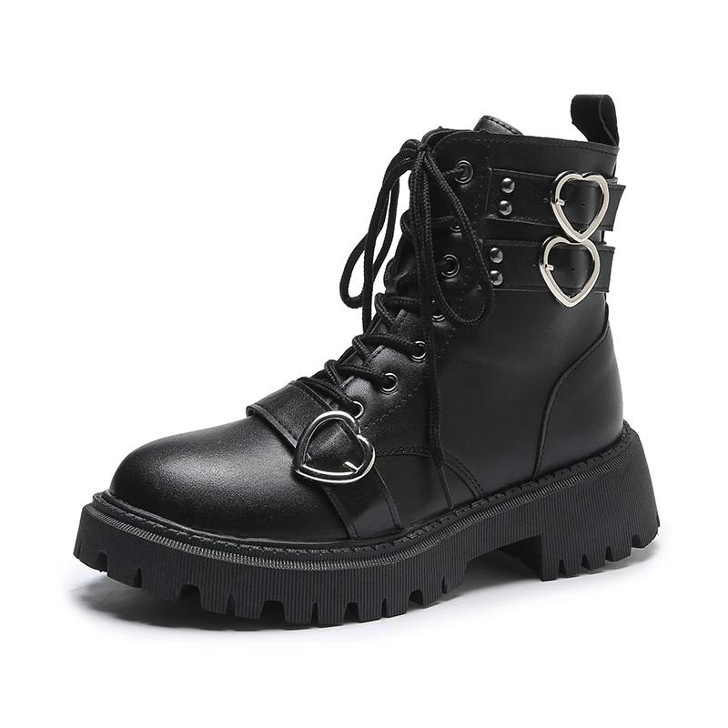 Heart Buckle Chunky Platform Ankle Boots Women Autumn Pu Leather Thick Bottom Short Boots Woman Black Motorcycle Shoes
