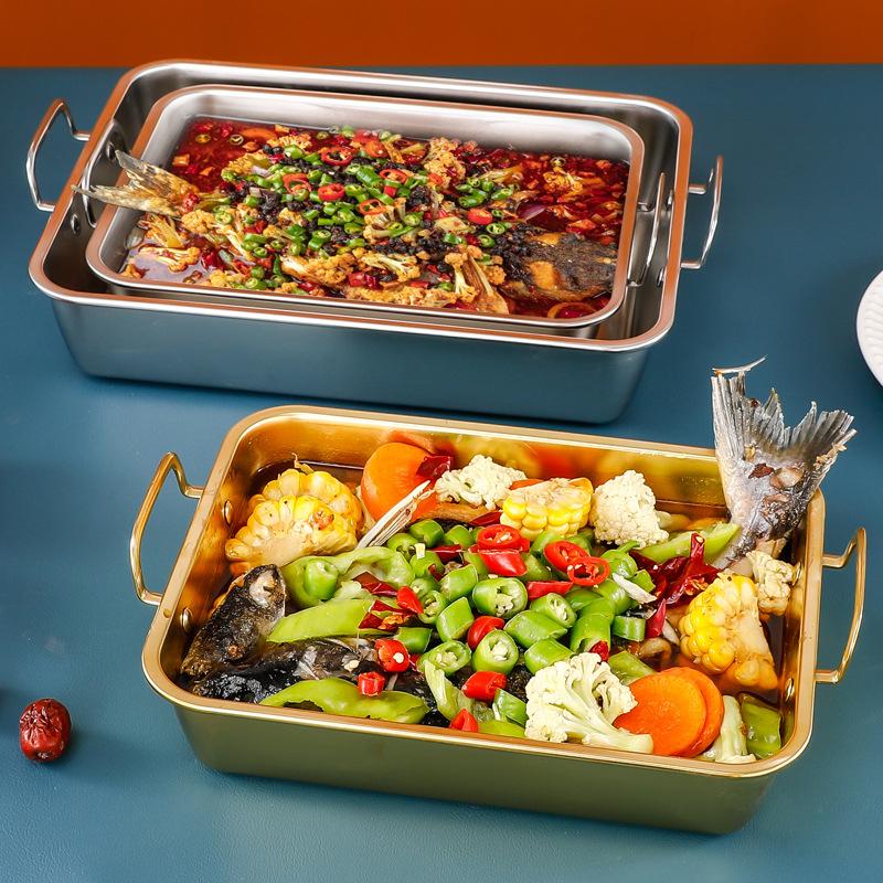 Square Flat Bottom Grilled Fish Plate Stainless Steel BBQ Tray Food Container Rectangular Dumpling Dinner Baking Pan for Kitchen