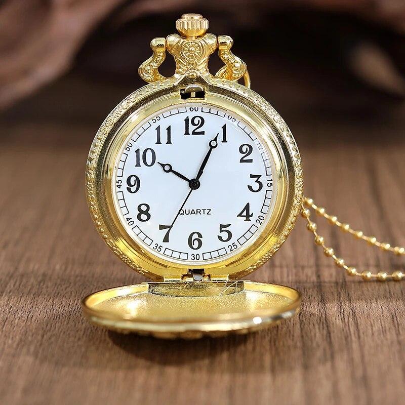 Luxury Gold Flower Quartz Pocket Watch Double-sided Printing Fashion Design Pendant Fob Watch Chain Gifts for Men