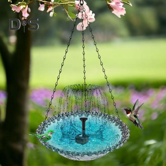 Hanging Birds Bath with Solar Fountain Pump Outdoor Garden Hummingbird Feeder Tray Solar Power Water Fountain Birdbath Bowl for Outside