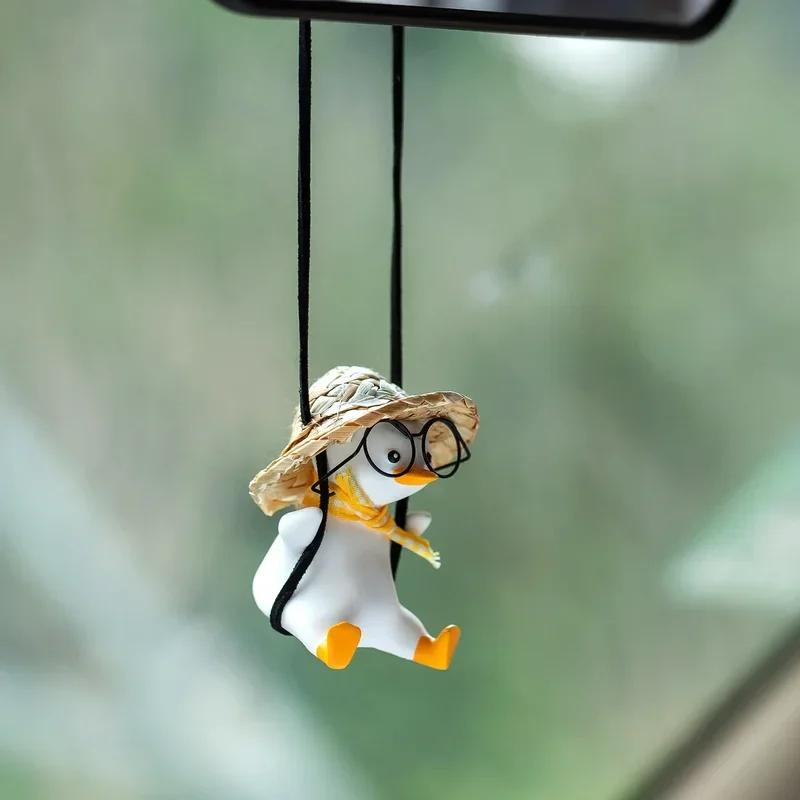 Swinging Duck Car Pendant with Glasses - Cute Rearview Mirror Hanger for Automotive Interior Decor, Christmas Car Accessory