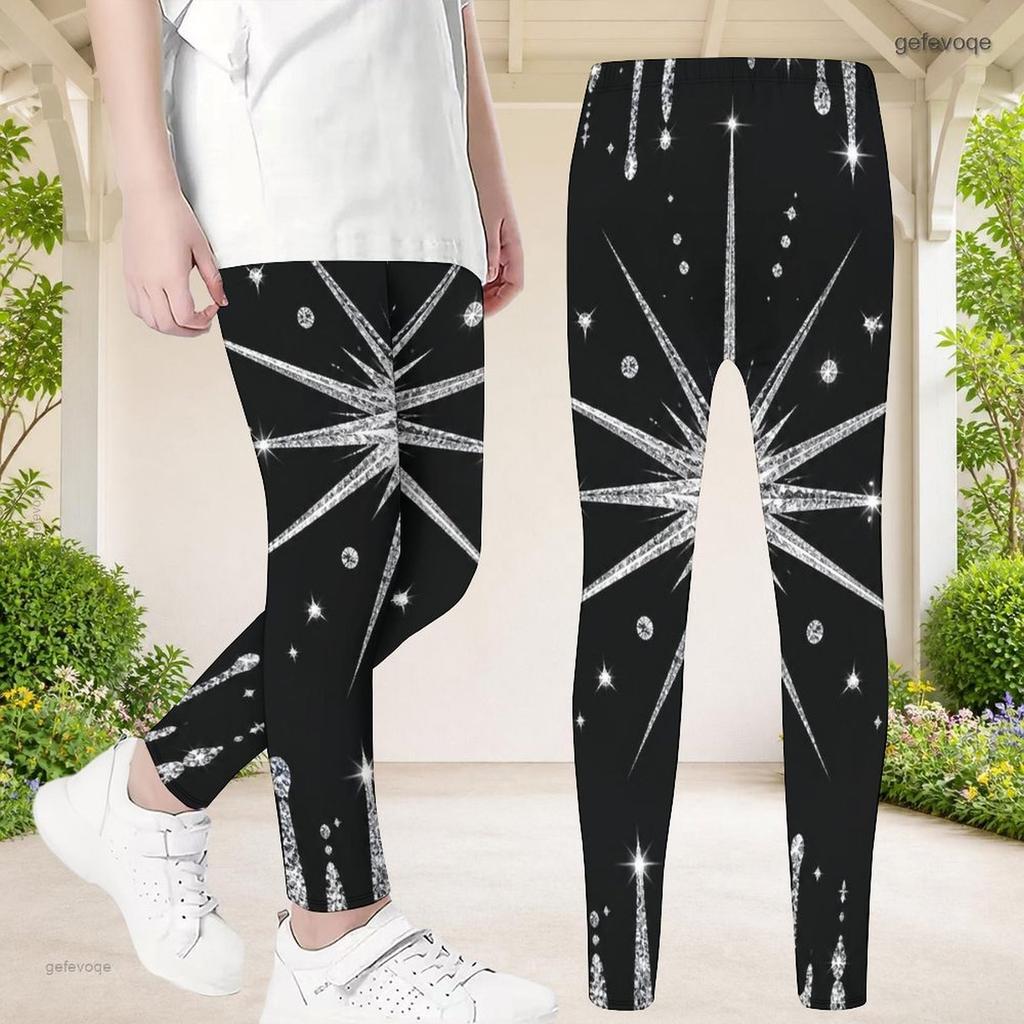 Girls Black Golden Glitter Print Full Length Stretch Waist Fitted Yoga Leggings