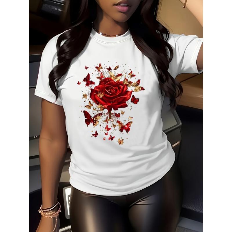 Women'S Floral Rose Butterfly Print T-Shirt Casual Crew Neck Short Sleeve Knit Polyester Regular Length Seasons Plus Size Tees