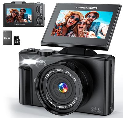 Câmera Digital CIRRO 4K para Fotografia 64MP UHD Câmera de Vlogging Zoom Digital 18x Lente Ultra Tela Rotativa Cartão SD de 32GB Incluído Preto