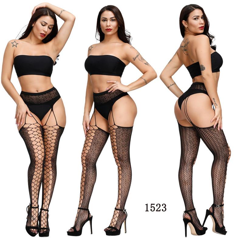 Sexy High-Waist Fishnet Stockings with Garter Belt Transparent Crotchless Pantyhose Plus Size Women's Lingerie
