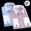 Men'S French Cufflink Shirt With Slim Fit And Contrasting Color Collar, Windsor Collar, Striped Formal Long Sleeved Shir