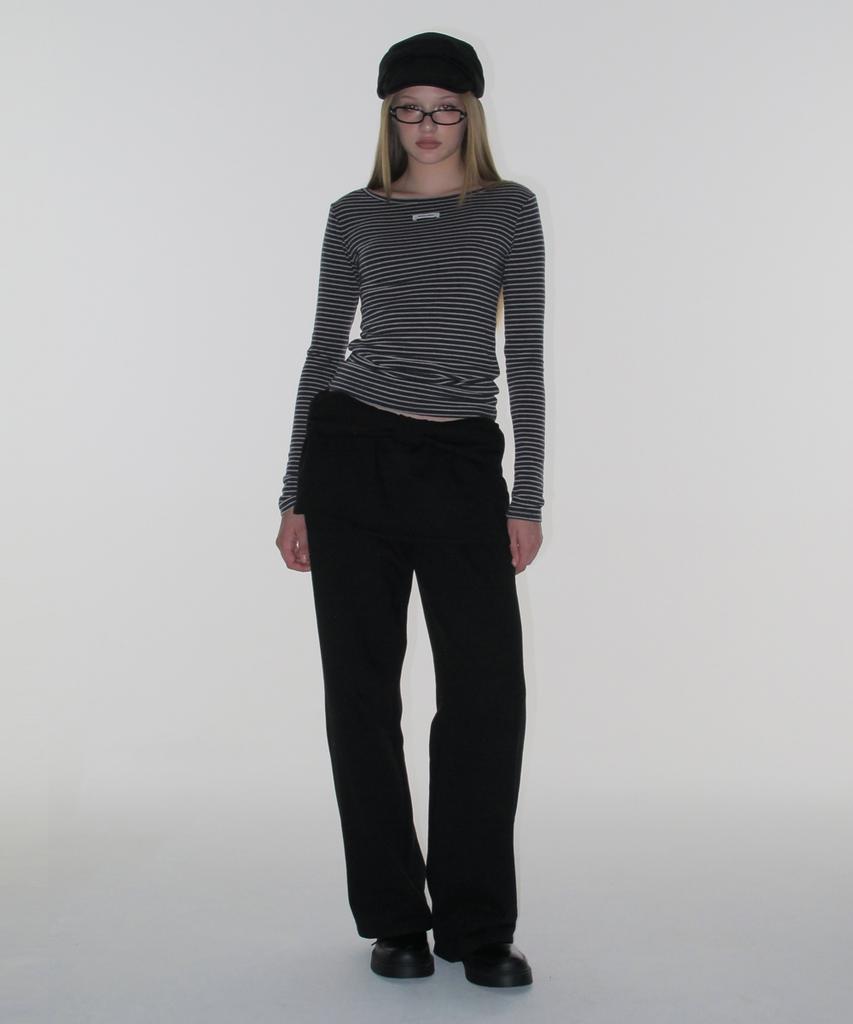 CRANK Striped Basic Boat Neck Top_Charcoal