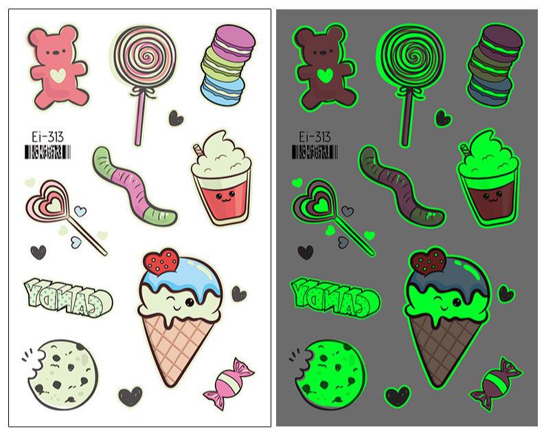 Luminous Cartoon Dessert Tattoo Stickers for Kids - Ice Cream, Donut, and Candy Themes