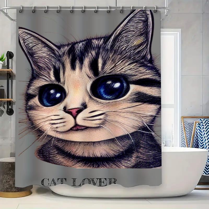 Whimsical Cat Shower Curtain Large Size Blue Eyes Kitten Print Bath Liner Perfect Gift for Cat Lovers