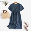 ZANZEA Women Retro Casual Blue Denim Short Sleeve V-neck Midi Dress