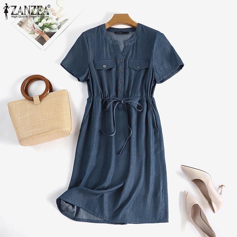 ZANZEA Women Retro Casual Blue Denim Short Sleeve V-neck Midi Dress