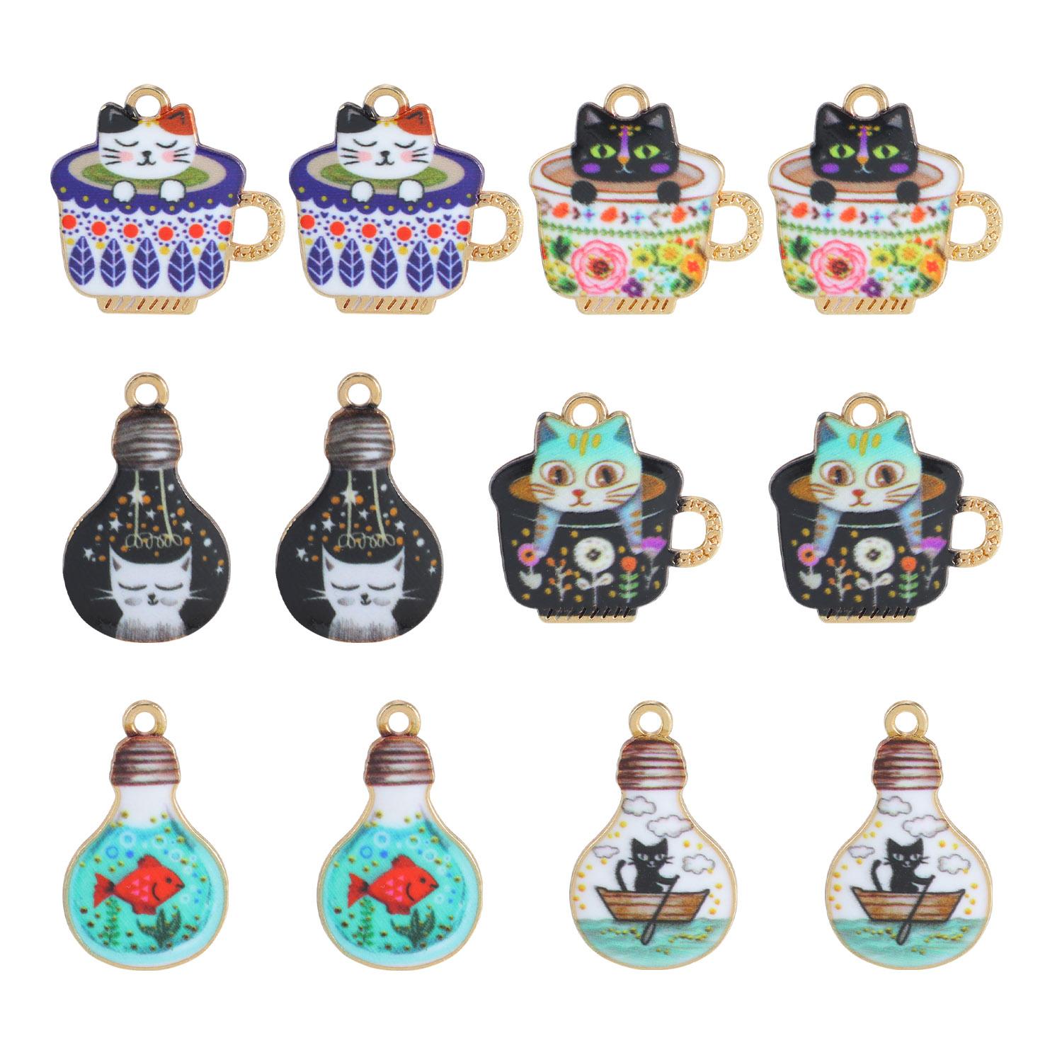 

Cute Coffee Cup Cat Bulb Enamel Charms DIY Couple Trinkets Necklace Bracelet Earrings Kawaii Teacup Cat Alloy Pendant