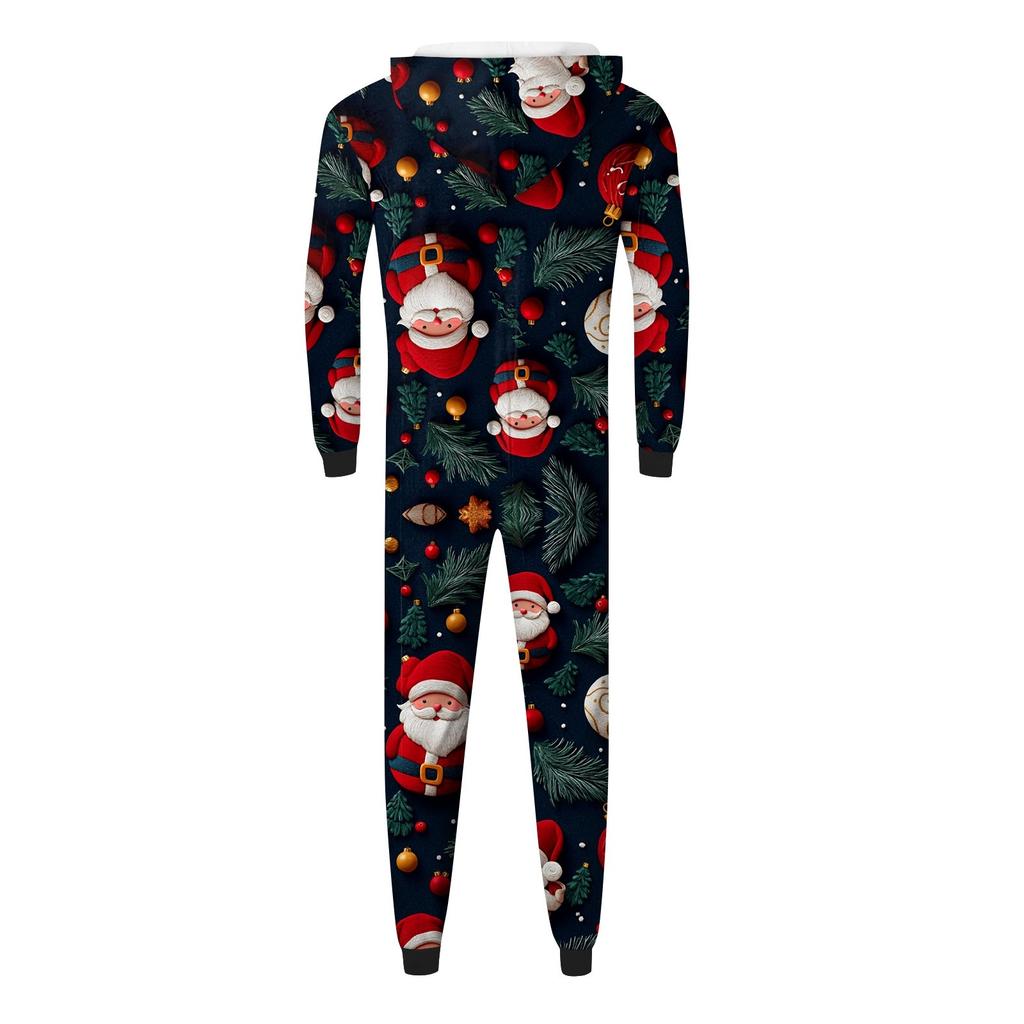 Christmas Print Parent-Child Outfit Hooded Zipper One-Piece Fashionable Home Suit Set