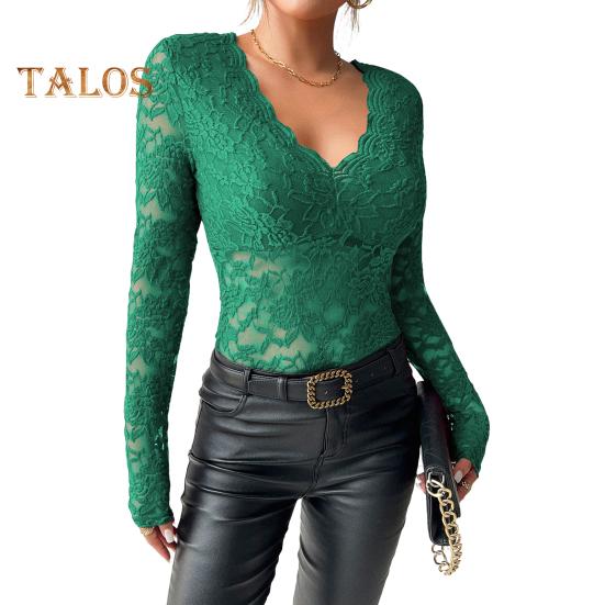 

Женские топы, однотонная рубашка с V-образным вырезом и длинным рукавом, прозрачная вышитая кружевная повседневная рубашка с цветочным узором S темно-зеленого