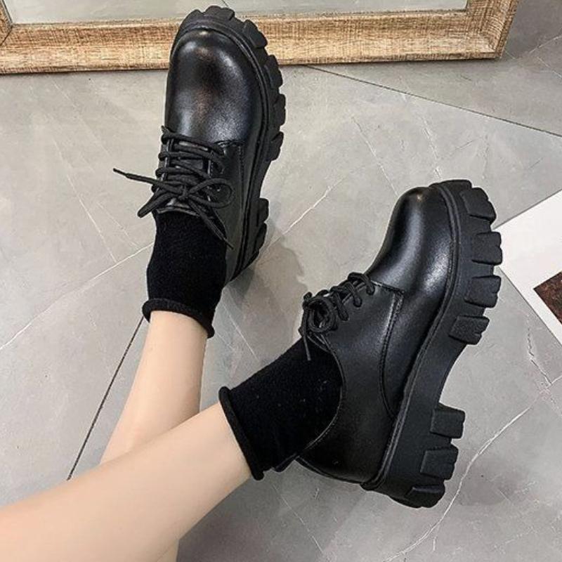 Fashion Plus Size Black Flatform Leather Loafers Women's Shoes Britchic Versatile Round Toe Loafers Lace Up Shoes
