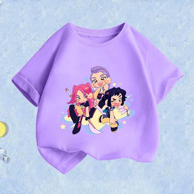 Movie K-Pop Demon Hunters T-shirt Summer Cotton Purple Toddler Short Sleeve Girl Clothes Fashion Cartoon Kids Birthday Tops Gift