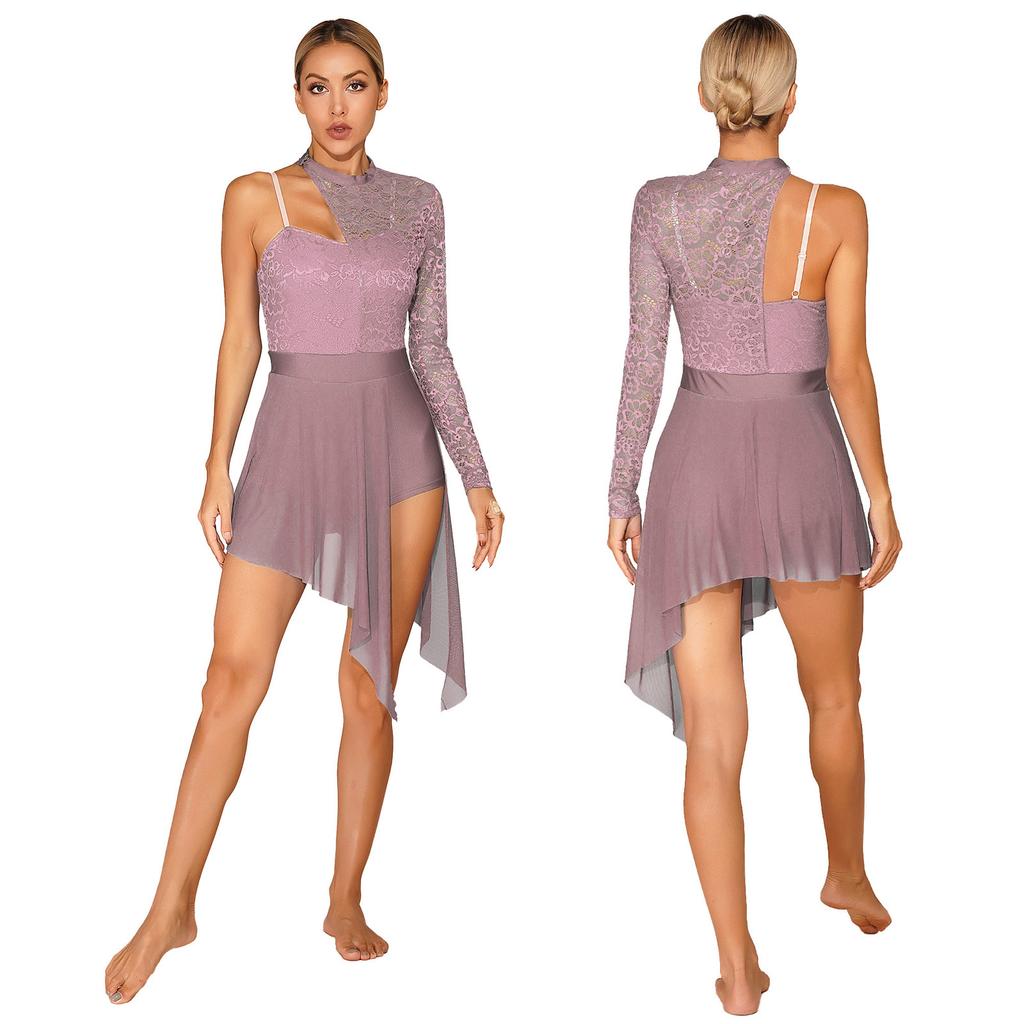 Women Lyrical Dance Dress One Shoulder Contemporary Ballet Costume Asymmetric Hem Leotard Dress