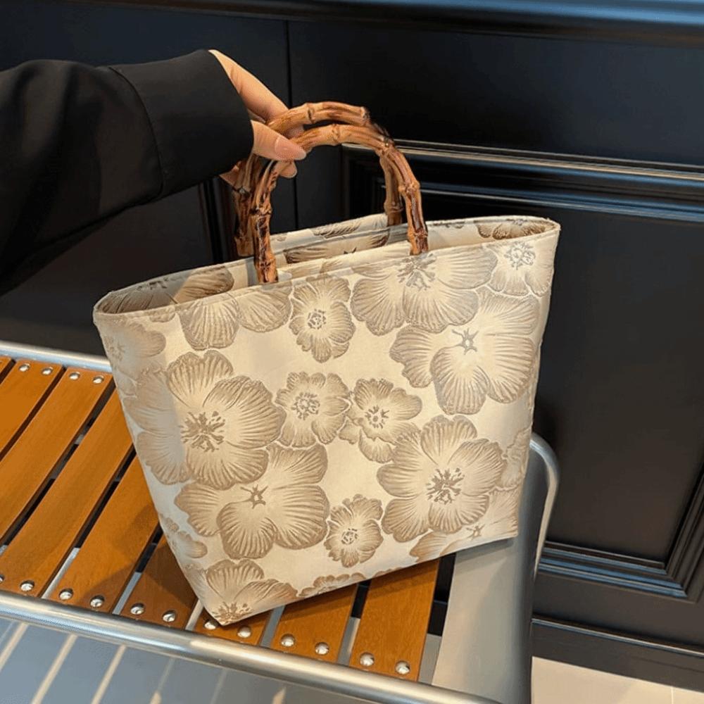 Borsa Tote Jacquard in Tela Chegsam Accessori Manico con Giunzione in Bambù Borsa a Mano Stile Cinese Grande Capacità Chiusura con Zip