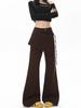Women's Autumn Brown Faux Two-Piece High-Waisted Micro-Flare Jeans with Mallard-Inspired Wide-Leg Design