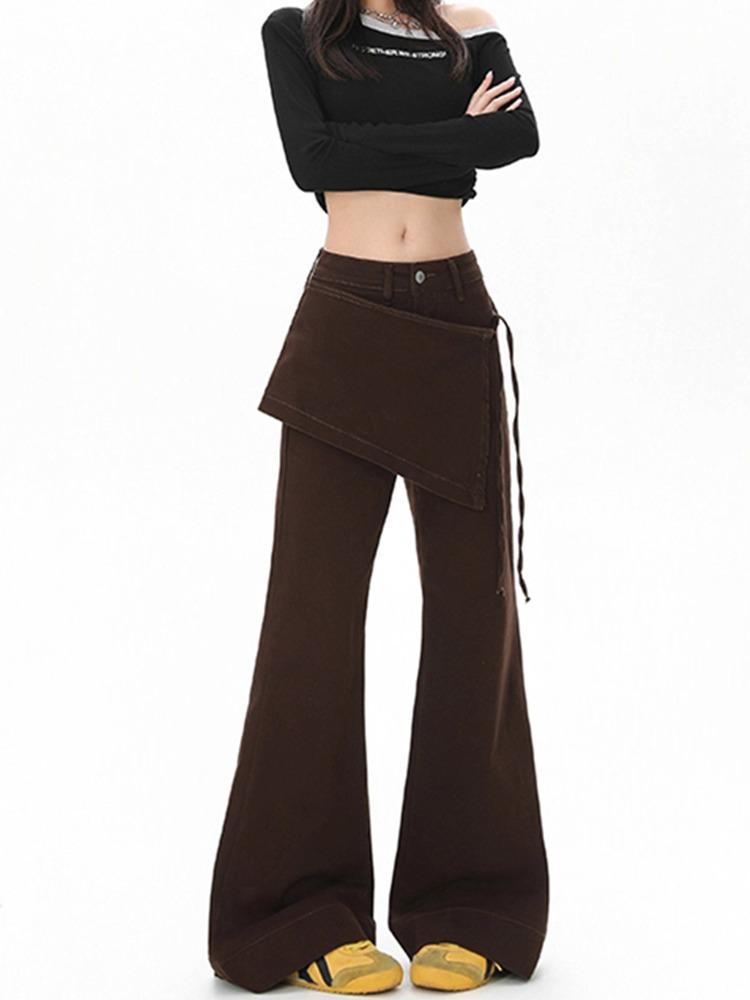 Women's Autumn Brown Faux Two-Piece High-Waisted Micro-Flare Jeans with Mallard-Inspired Wide-Leg Design