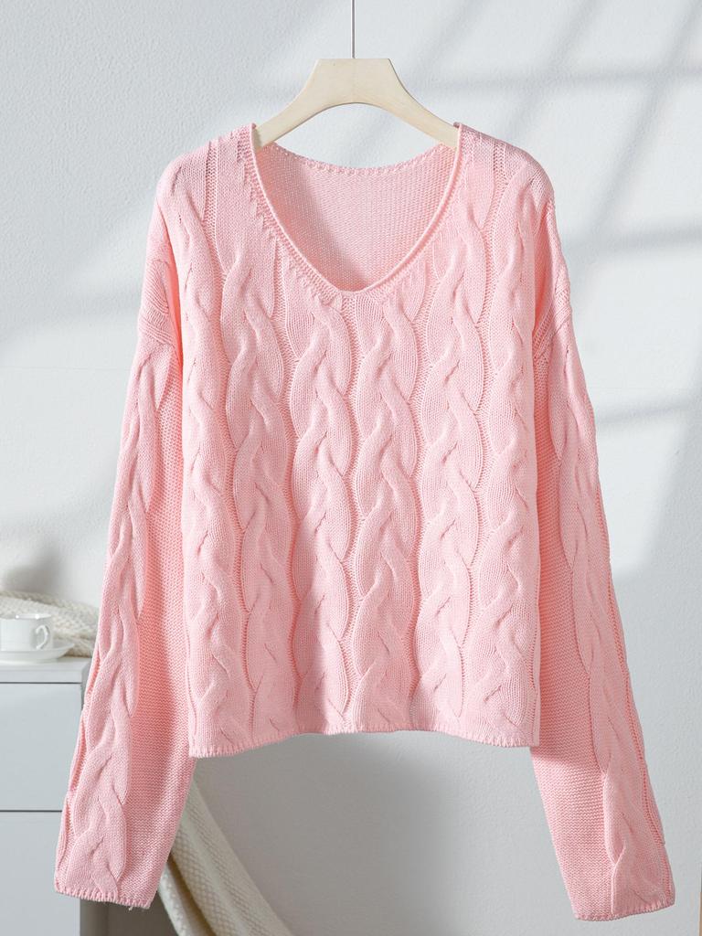 2025 Autumn Women's Loose V-Neck Cable Knit Sweater - Solid Color, Casual Style