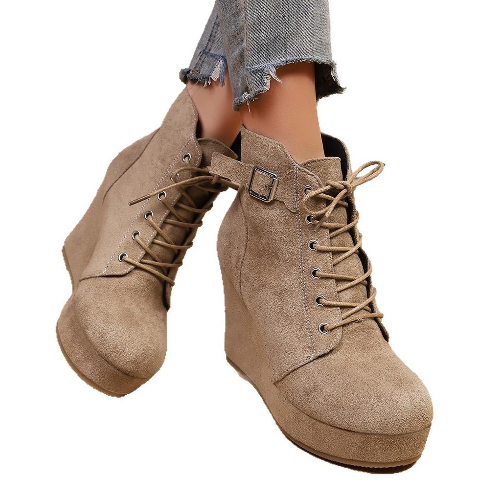 Autumn New Large Size Round Head Wedge Heel Velvet Warm Lace-up Short Boots European and American Thick-soled Boots