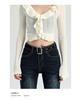 Women's Stretchy Blue-Gray Retro Micro-Flare Jeans with Belt