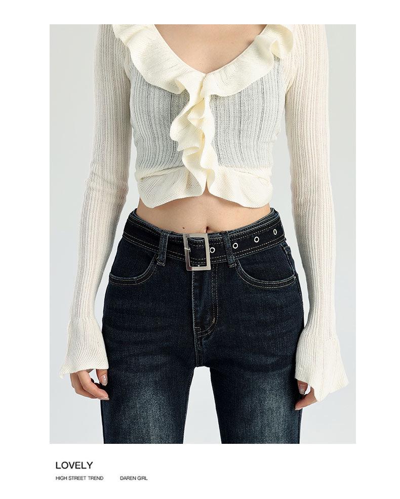 Women's Stretchy Blue-Gray Retro Micro-Flare Jeans with Belt