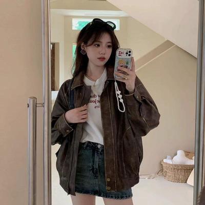 Women's Brown Small Leather Jacket - 2025 Retro Style, Rubbed Color Design, Cotton-Padded Coat