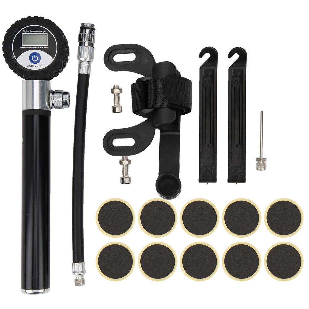 Bicycle Digital Display Air Pump with Needles Hose Kit Bike Tire Puncture Repair Tool Set