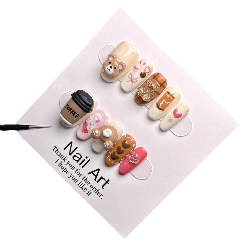 Coffee Bear Cartoon Cup Handmade Wearable Nail Piece Gentle Childrens Pattern