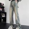 Youthful Vitality Zipper Detail Bootcut Jeans Men's Clothing High Street Denim Pants Distressed Stylish Rough Selvage Trousers