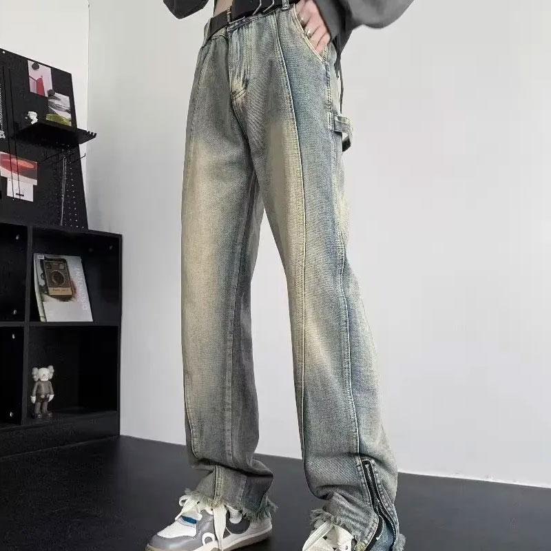 Youthful Vitality Zipper Detail Bootcut Jeans Men's Clothing High Street Denim Pants Distressed Stylish Rough Selvage Trousers