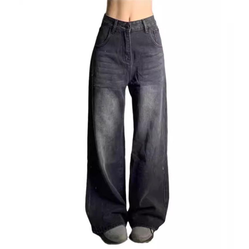 Washed Denim Pants In Plus Size for Women, Slim and High Waisted, with A Wide Coverage of Hips and Loose Straight Leg Wide Leg Pants