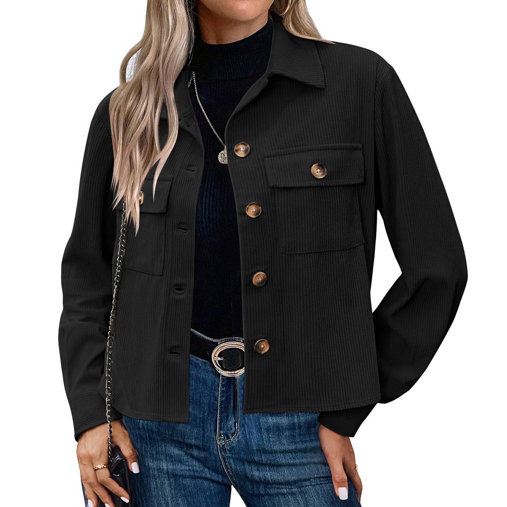 females  Cropped Corduroy coat Slim Fit Button Down Shirts coats Tops Trendy Long Sleeve Outwears With Pockets