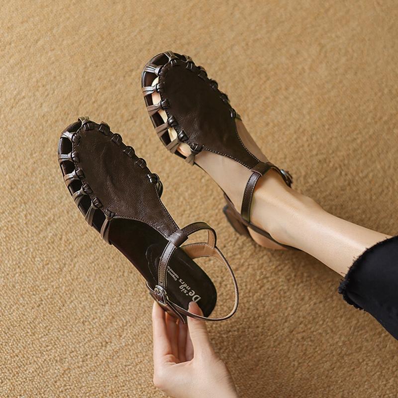 Fashion NEW Summer Women Sandals Genuine Leather Shoes for Women Round Toe Chunky Heel Shoes Elegant Cover Toe Slingback Hollow Sandals