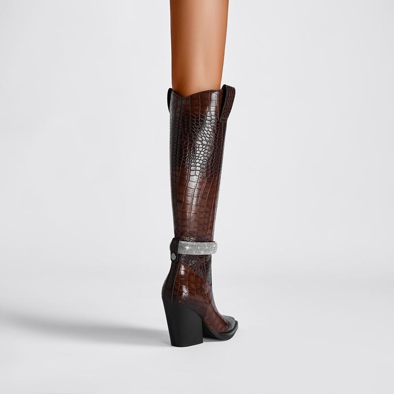 Fashion Kaky's New Water Diamond Pointed Thick High Heels Oversized Women's Boots Long Boots High Barrel Boots Western Boots 44 45 46