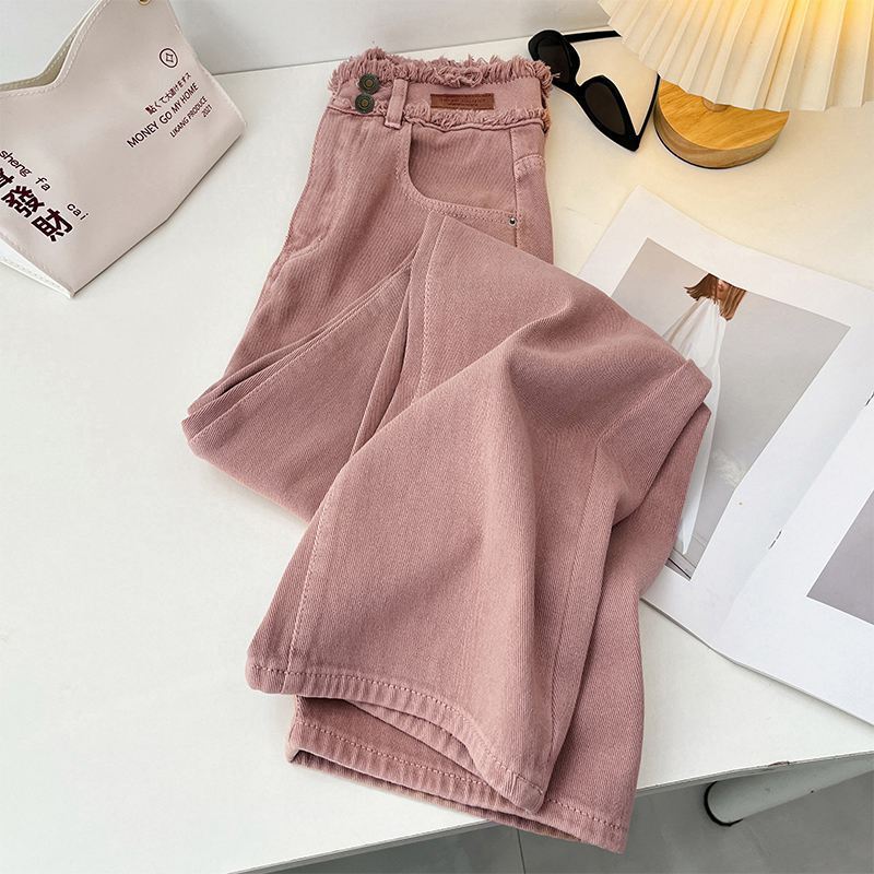 

Jeans Women Spring Autumn High Waist Raw Edge Straight Denim Pants Simple Gentle All-matched Wide Leg Pants M