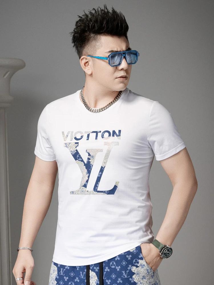 European High-End Printed Rhinestone Short-Sleeve T-Shirt Trendy Brand Top 2025 New Summer Men's Slim-Fit Half-Sleeve Tee