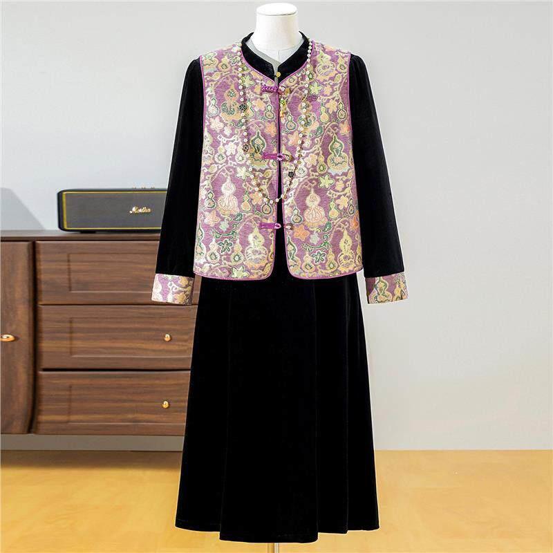 

Elegant Gold Velvet Suit: Spring Vest & Skirt Set for Middle-Aged and Elderly Women XL (below 105 jin) фіолетовий
