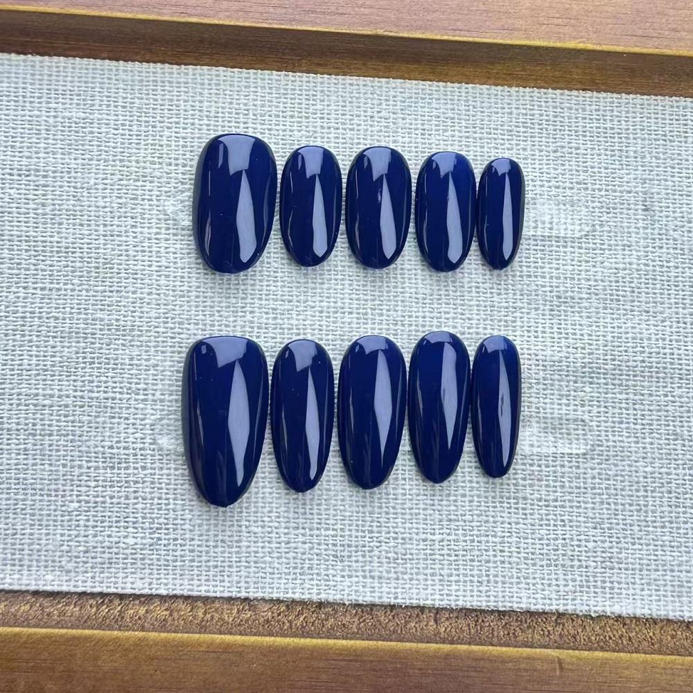5in1 Toolkit+HANDMADE Press On Nails Glossy Solid Color Deep Sea Blue Phototherapy Fake Nail Patch Artificial Nail Reusable